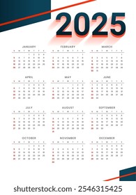 printable 2025 annual calendar template schedule events or task vector