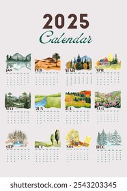 Printable 2025 calendar design template with watercolor landscape, wall calendar design, poster calendar design. Ideal for journal, background and more. Happy New Year 2025.