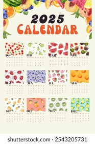 Printable 2025 calendar design template with fruit pattern, wall calendar design, poster calendar design. Ideal for journal, background and more. Happy New Year 2025.