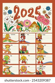 Printable 2025 calendar design template with retro food character, wall calendar design, poster calendar design. Ideal for journal, background and more. Happy New Year 2025.