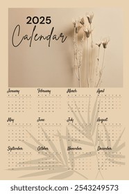 Printable 2025 calendar design template with minimalist aesthetic, wall calendar design, poster calendar design. Ideal for journal, background and more. Happy New Year 2025.