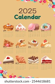 Printable 2025 calendar design template with watercolor cake and pastry, wall calendar design, poster calendar design. Ideal for journal, background and more. Happy New Year 2025.