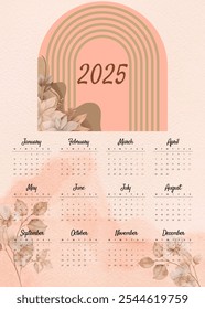 Printable 2025 calendar design template with aesthetic boho, wall calendar design, poster calendar design. Ideal for journal, background and more. Happy New Year 2025.