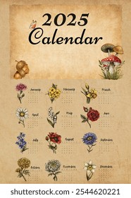 Printable 2025 calendar design template with flower birth, wall calendar design, poster calendar design. Ideal for journal, background and more. Happy New Year 2025.