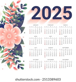 printable 2025 desk calendar layout with floral decoration vector
