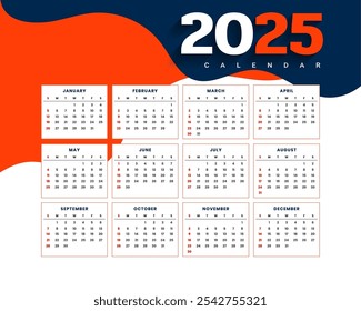 printable 2025 monthly calendar template organize office task or event vector