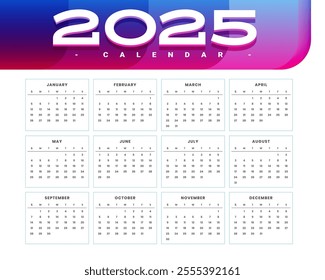 printable 2025 new year calendar template week starts sunday vector