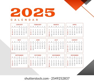 Plantilla de calendario de pared imprimible 2025 en Vector de color naranja blanco