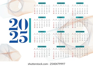 Printable 2025 yearly wall calendar template business stationery. 2025 yearly wall calendar with abstract background.