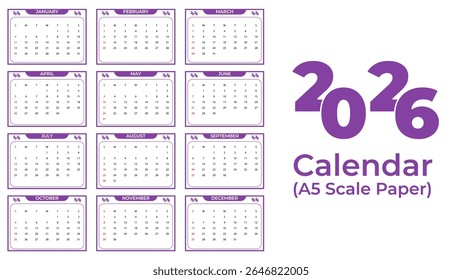 A printable 2026 calendar, designed for A5 paper size, displays all twelve months in a grid format with a purple color scheme.