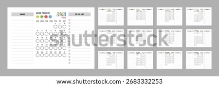 Printable 2026 calendar with mood tracker, memo, and to-do list. Perfect for planners, bullet journals, and mental health tracking.