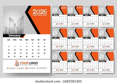 Plantilla de calendario imprimible 2026 con diseño moderno para uso en pared y escritorio