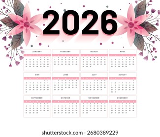modelo de calendário de tabela imprimível 2026 com vetor de decoração floral