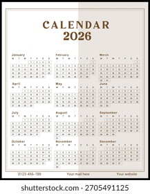 Printable 2026 Yearly Calendar Layout with Contact Details