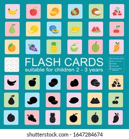 36 tarjetas flash de frutas impresas con fondo aislado. Tarjetas flash de jardín de infancia.