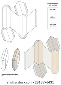 Printable 3D paper model template featuring the monoclinic prisms with pinacoid crystal habit of gypsum and selenite. Educational papercraft activity sheet with fold lines, cut lines, and glue flaps in natural mineral colors for geology and mineralogy lessons. Corresponding identical faces are color-coded to help students recognize crystal symmetry and develop spatial visualization skills.