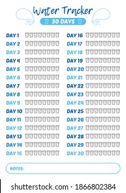 Printable A4 30 days water tracker for bullet journal or poster design. Drinking enough water, hydration challenge.
