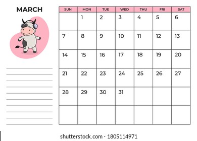 Printable A4 calendar planner for 2021 with a cute bull, cow or ox, the symbol of the new year 2021 according to the Chinese or Eastern calendar. 