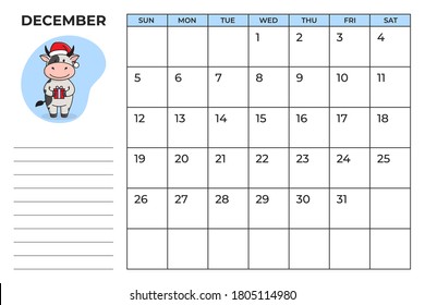 Printable A4 calendar planner for 2021 with a cute bull, cow or ox, the symbol of the new year 2021 according to the Chinese or Eastern calendar. 