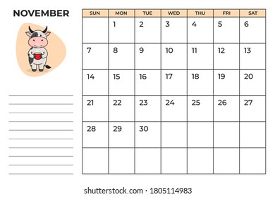 Printable A4 calendar planner for 2021 with a cute bull, cow or ox, the symbol of the new year 2021 according to the Chinese or Eastern calendar. 