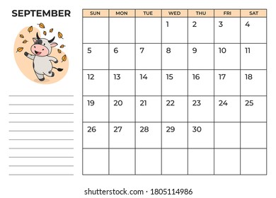 Printable A4 calendar planner for 2021 with a cute bull, cow or ox, the symbol of the new year 2021 according to the Chinese or Eastern calendar. 