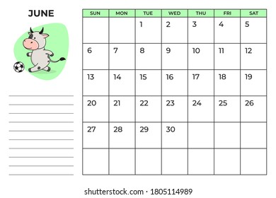 Printable A4 calendar planner for 2021 with a cute bull, cow or ox, the symbol of the new year 2021 according to the Chinese or Eastern calendar. 
