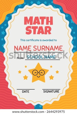 Printable A4 certificate template for math award with smiling star. Kids diploma