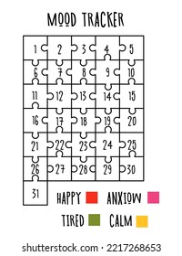 Printable A4 mood tracker for January, March, May, July, August, October or December. Puzzle with different sections. 31 day mood tracker