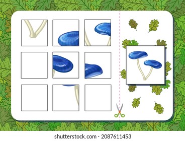 Printable A4 page puzzle game with mushroom. Cut and play. Vector illustration