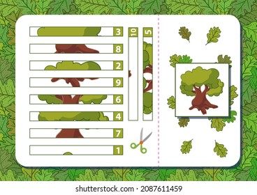 Printable A4 page puzzle game with oak tree. Numbers from 1 to 10. Cut and play. Vector illustration