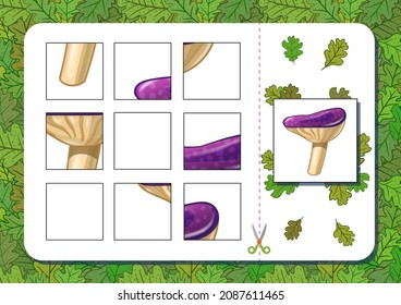 Juego de rompecabezas de página A4 imprimible con hongos. Corta y juega. Ilustración del vector
