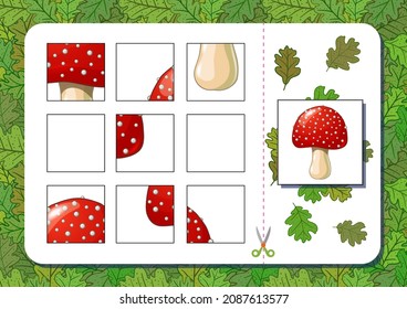 Printable A4 page puzzle game with mushroom. Cut and play. Vector illustration