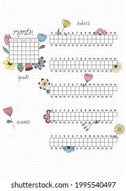 Printable A4 paper sheet, bullet journal page with hand drawn flowers and month planner blank and to fill fulfilled habits. Cute planner for habit tracker, daily planner template, blank for notebook.