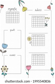 Printable A4 paper sheet, bullet journal page with hand drawn flowers and month planner blank and to fill fulfilled habits. Cute planner for habit tracker, daily planner template, blank for notebook.