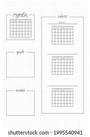 Printable A4 paper sheet, bullet journal page for month planner blank and to fill fulfilled habits. Minimalist planner for habit tracker, daily planner template, blank for notebook.