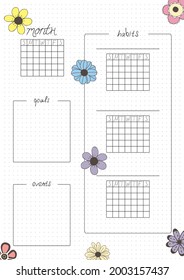 Printable A4 paper sheet, bullet journal page with hand drawn flowers and month planner blank and to fill fulfilled habits. Cute planner for habit tracker, daily planner template, blank for notebook.