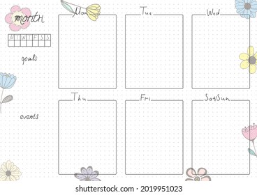 Printable A4 paper sheet, bullet journal page with hand drawn flowers and blank week planner, goals, events. Cute planner for daily planner template, blank for notebook.