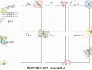 Printable A4 paper sheet, bullet journal page with hand drawn flowers and blank week planner, goals, events. Cute planner for daily planner template, blank for notebook.