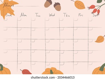 Printable A4 paper sheet, bullet journal page with autumn attributes, month planner blank, to fill fulfilled habits. For habit tracker, daily planner template, blank for notebook, schedule, checklist.