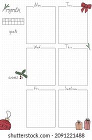 Printable A4 paper sheet, bullet journal page with hand drawn xmas elements and blank week planner, goals, events. Cute planner for daily planner template, blank for notebook. 