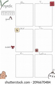 Printable A4 paper sheet, bullet journal page with hand drawn xmas elements and blank week planner, goals, events. Cute planner for daily planner template, blank for notebook. 