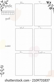 Printable A4 paper sheet, bullet journal page with decorative elements and blank week planner, goals, events. Cute planner for daily planner template, blank for notebook.