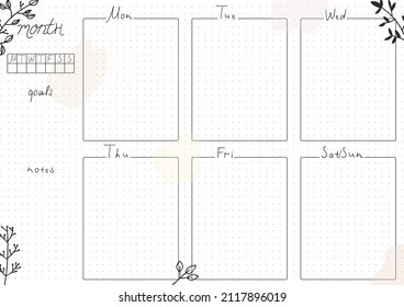 Printable A4 paper sheet, bullet journal page with hand drawn flowers and blank week planner, goals, events. Cute planner for daily planner template, blank for notebook.