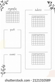 Printable A4 paper sheet, bullet journal page with hand drawn flowers and month planner blank and to fill fulfilled habits. Cute planner for habit tracker, daily planner template, blank for notebook.