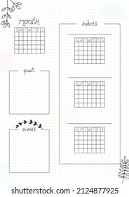 Printable A4 paper sheet, bullet journal page with hand drawn flowers and month planner blank and to fill fulfilled habits. Cute planner for habit tracker, daily planner template, blank for notebook.