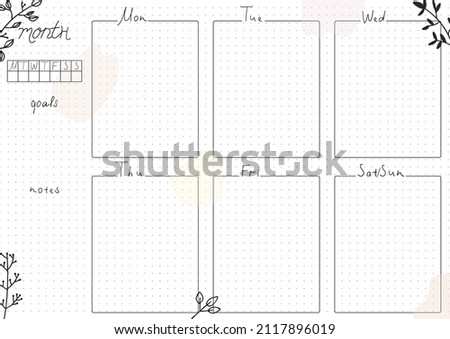 Printable A4 paper sheet, bullet journal page with hand drawn flowers and blank week planner, goals, events. Cute planner for daily planner template, blank for notebook.