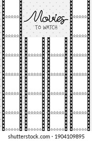 Printable A4 paper sheet with cine-film on polka dot background. Minimalist planner of watching movies and series for journal page, daily planner template, blank for notebook.