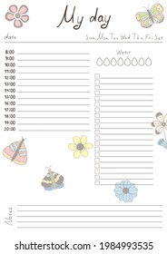 Printable A4 paper sheet with day planner blank to fill on background with hand drawn flowers. Minimalist planner for bullet journal page, habit tracker, daily planner template, blank for notebook.