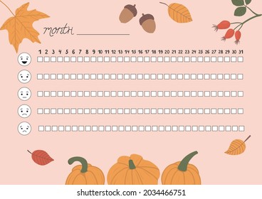 Printable A4 paper sheet with fall leaves, autumn attributes and to fill planner of mood tracker in minimalist style. Template for bullet journal page, daily planner template, blank for notebook.