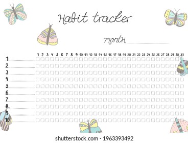 Printable A4 paper sheet with hand drawn flowers and lines for marks for fulfilled habits. Minimalist planner for  bullet journal page, habit tracker, daily planner template, blank for notebook.